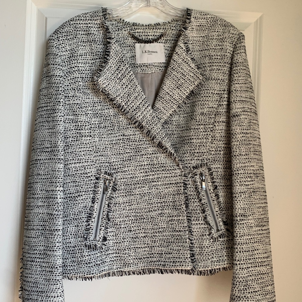 LK Bennett black and White fringe blazer, size 8, fully lined